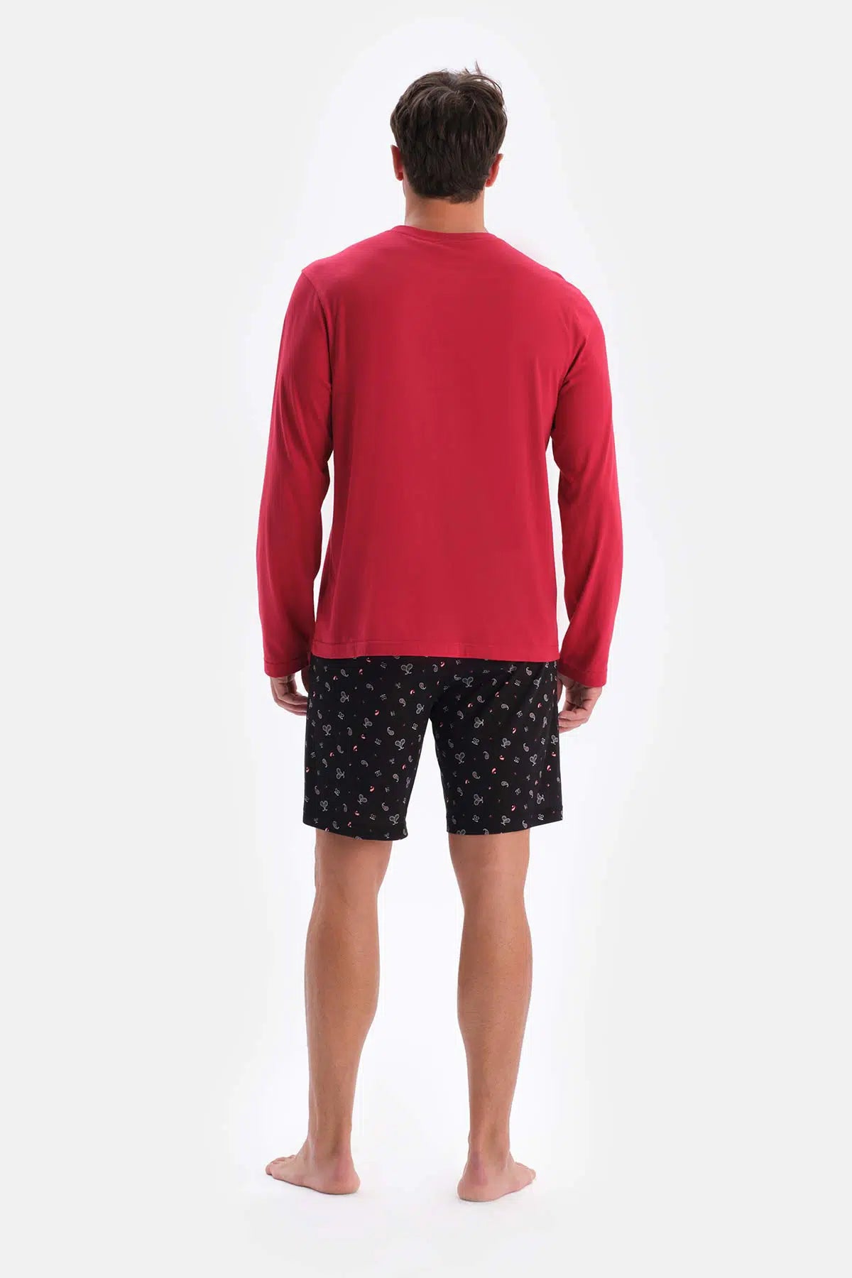 Bordo Yarım Patlı Uzun Kollu Şort Pantolon Üçlü Pijama Takımı