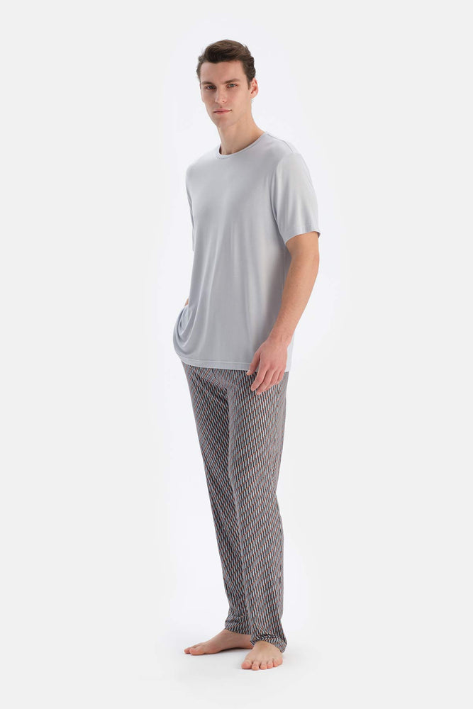 Buz Mavisi Buz si Bisiklet Yaka Kısa Kollu Tişört Pantolon Pijama Takımı