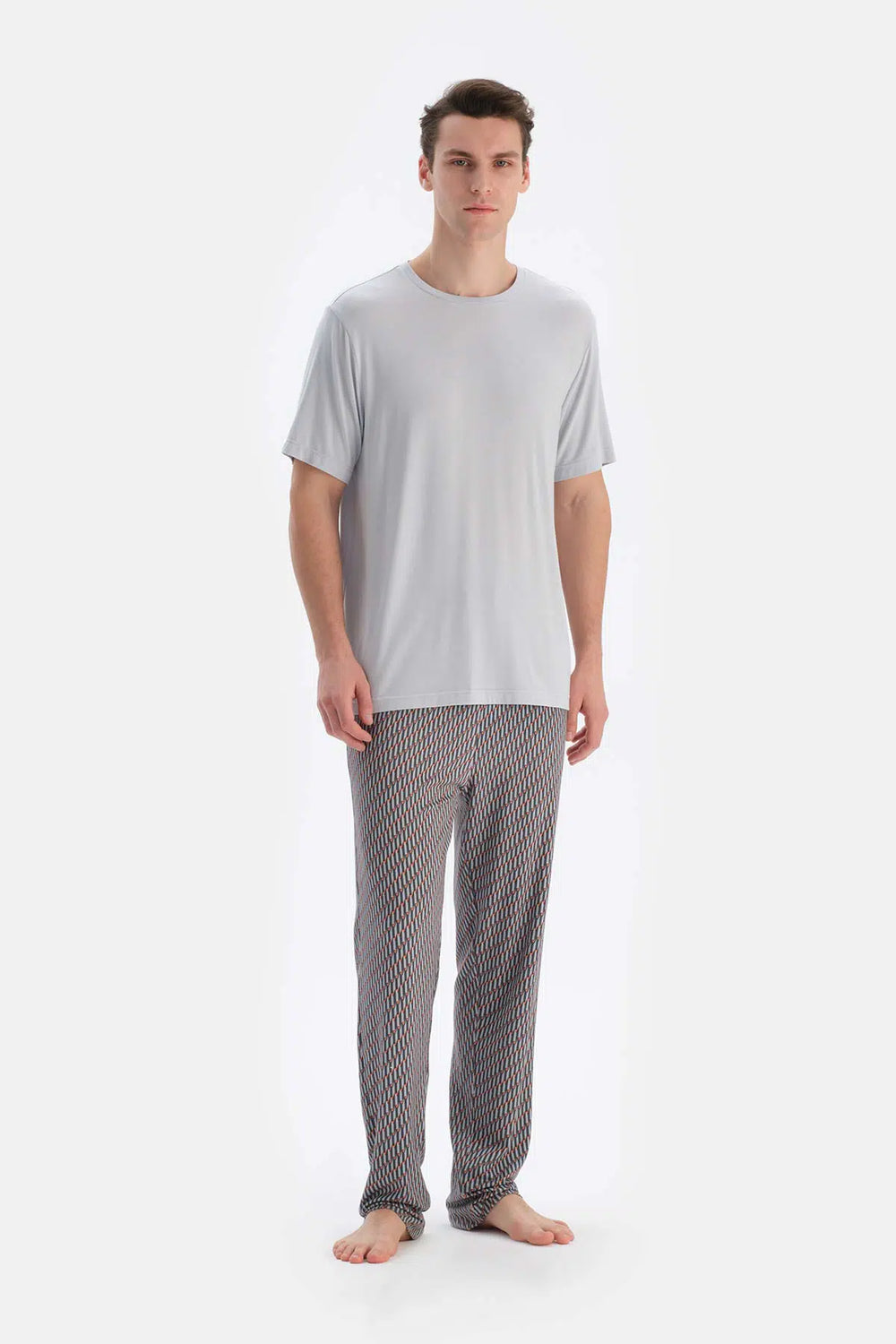 Buz Mavisi Buz si Bisiklet Yaka Kısa Kollu Tişört Pantolon Pijama Takımı