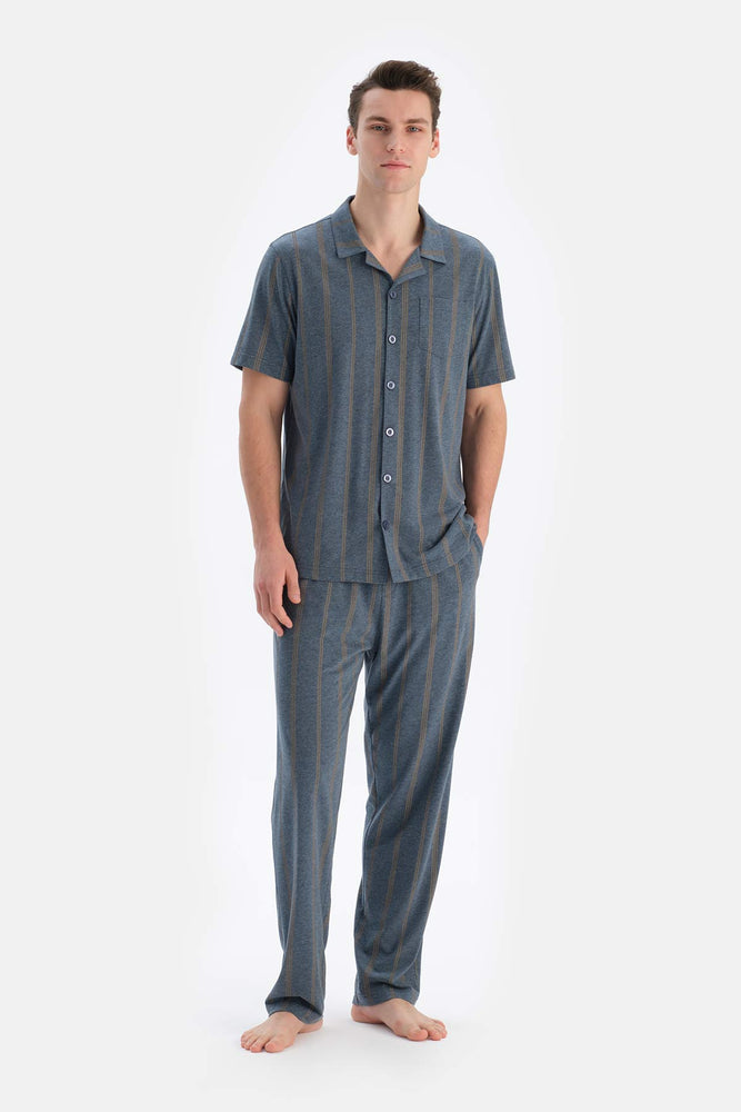 Multicolor Gömlek Yaka Kısa Kollu Çizgili Modal Pijama Takımı