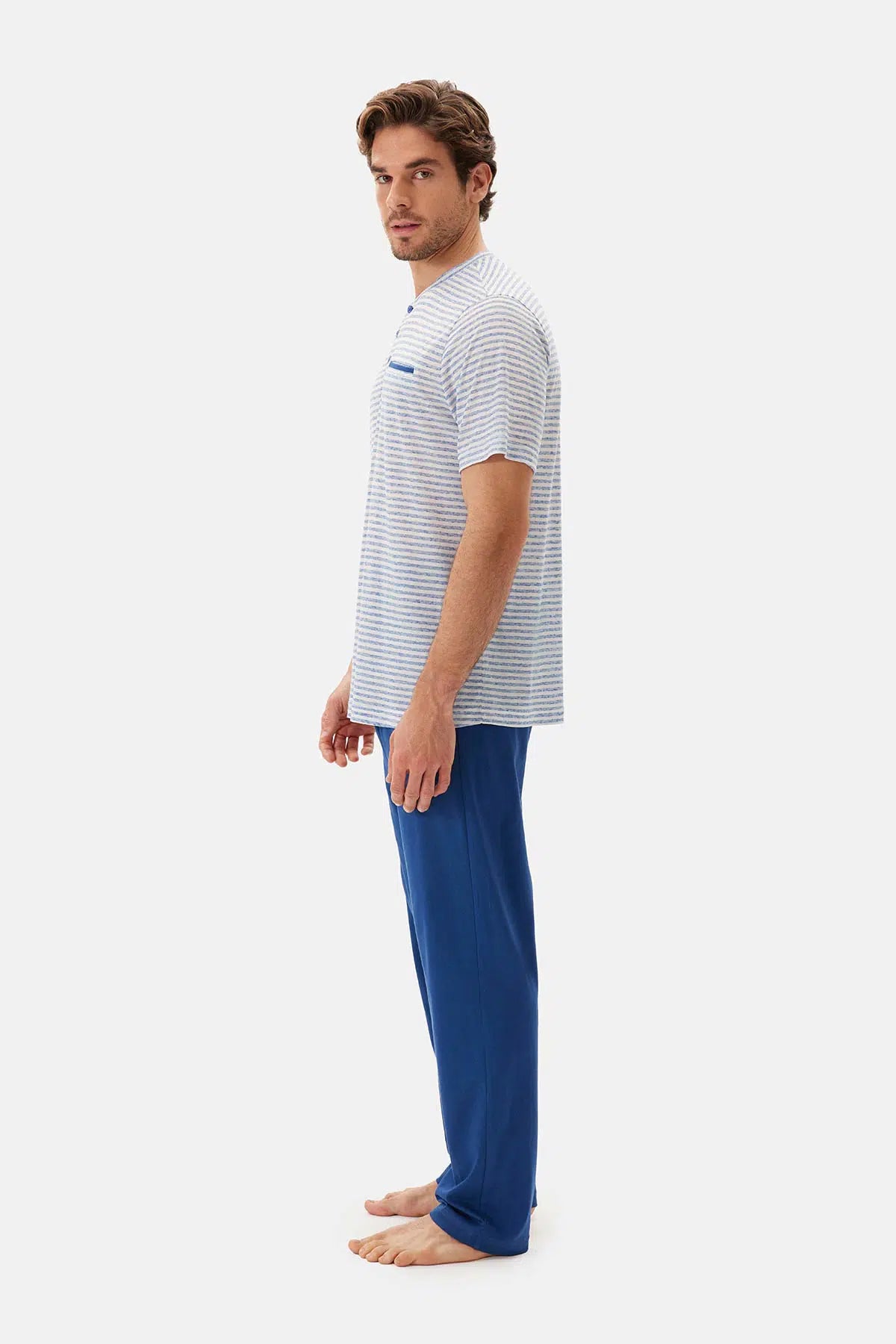 Mavi Yarım Patlı Kısa Kollu Pijama Takımı