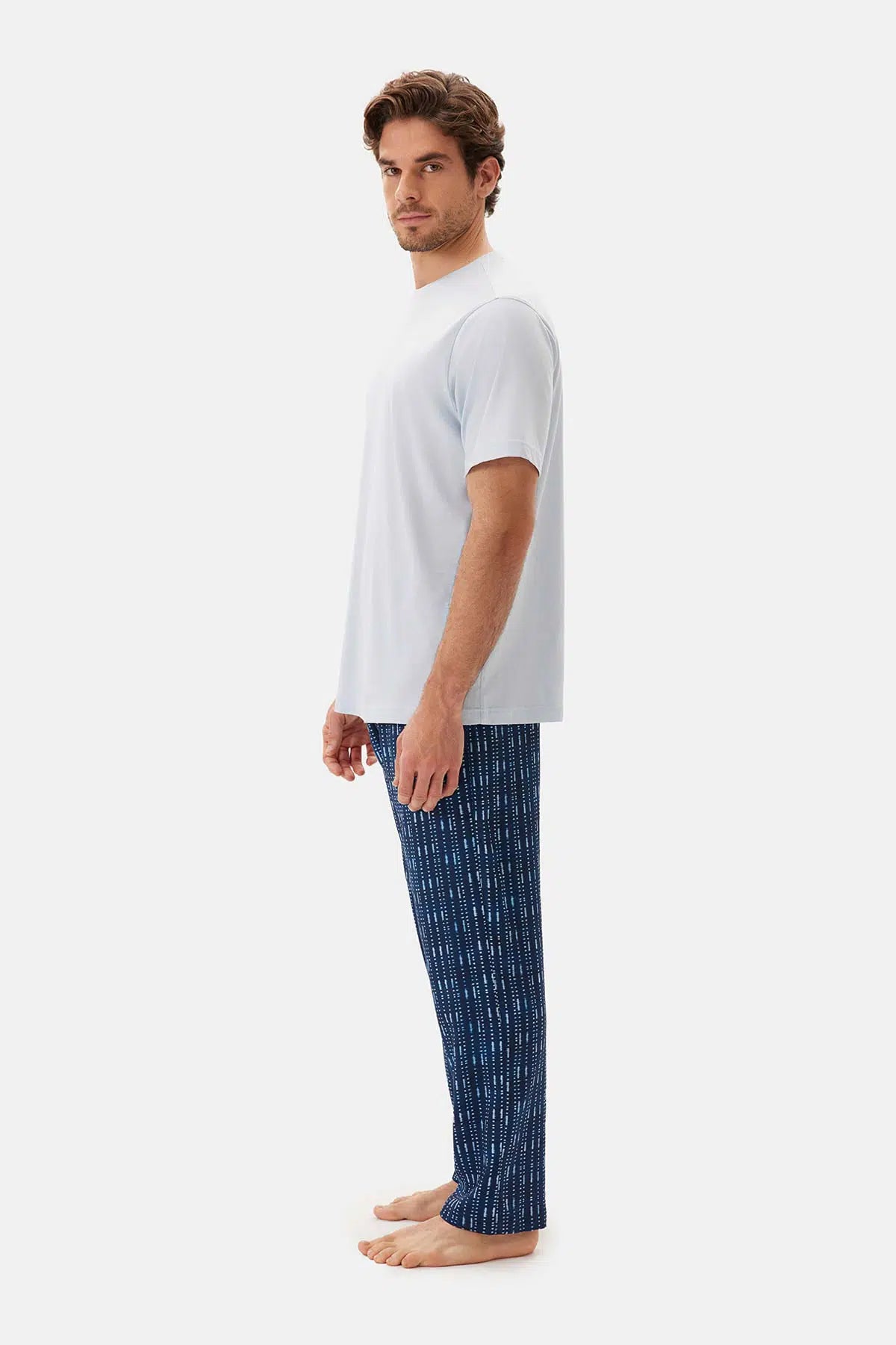 Mavi Bis Yaka Kısa Kollu Pijama Takımı