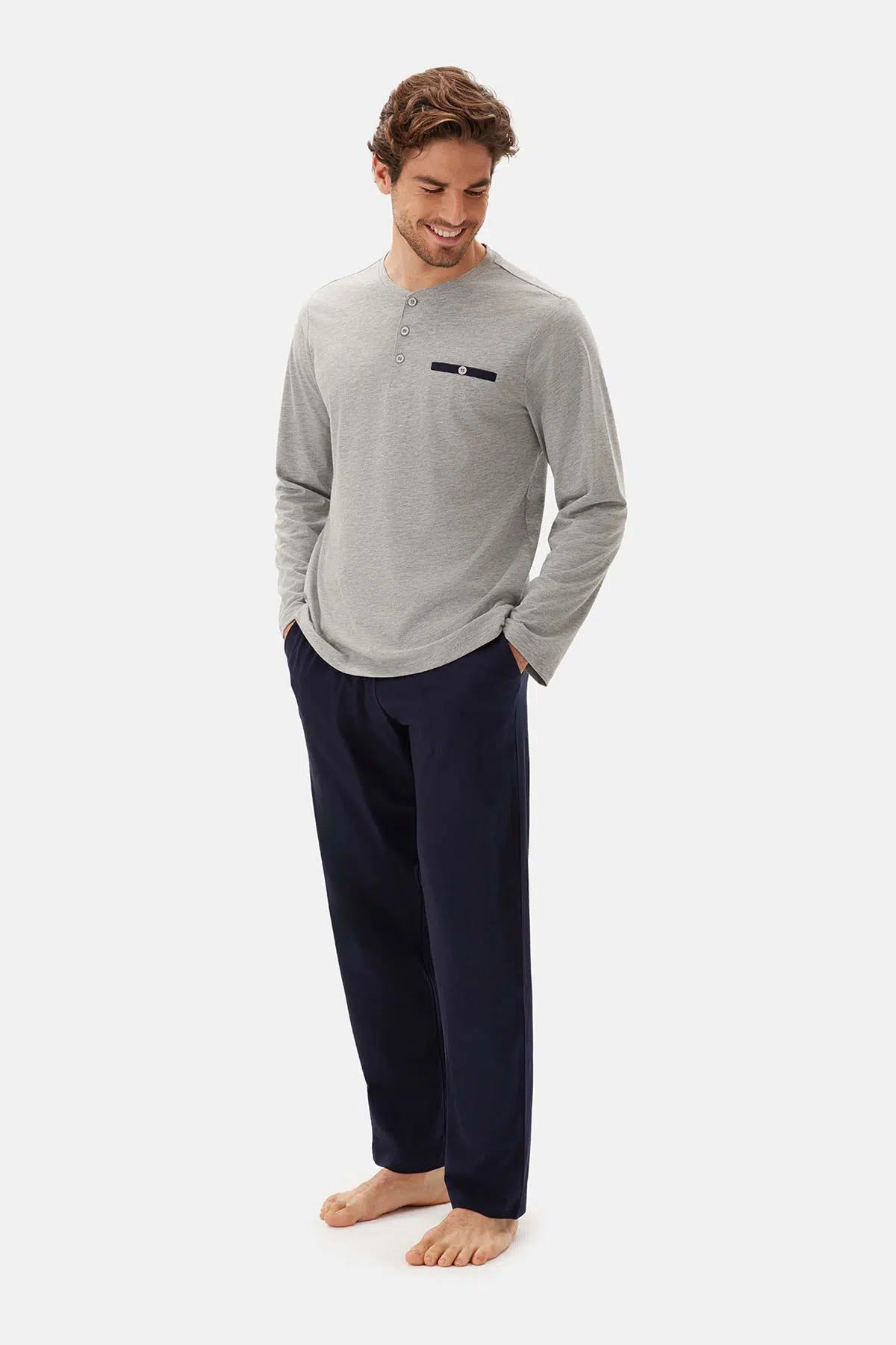 Gri Melanj Uzun Kollu Patlı Tişört Pantolon Pijama Takımı