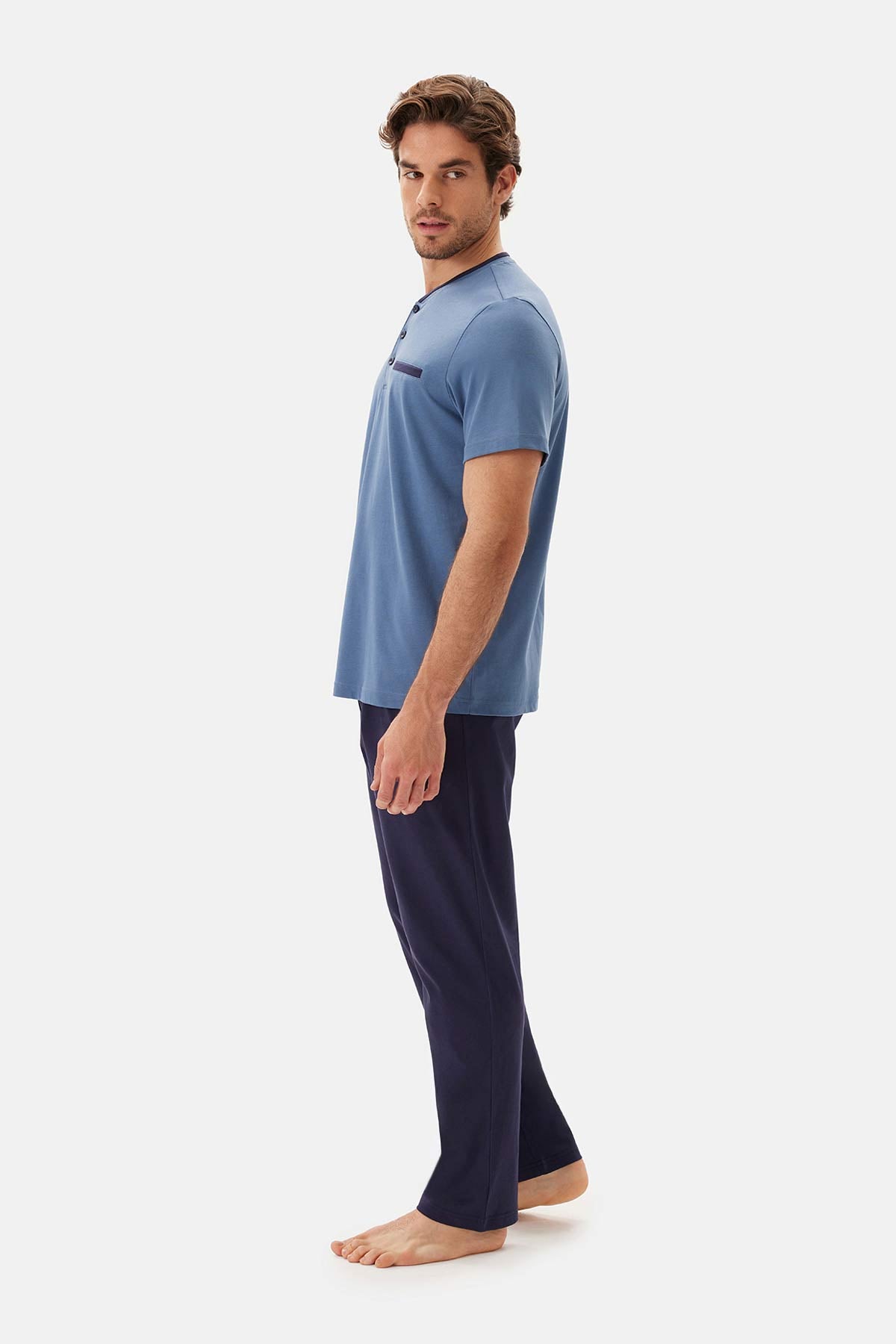 Açık Mavi Kısa Kollu Patlı Tişört Pantolon Pijama Takımı