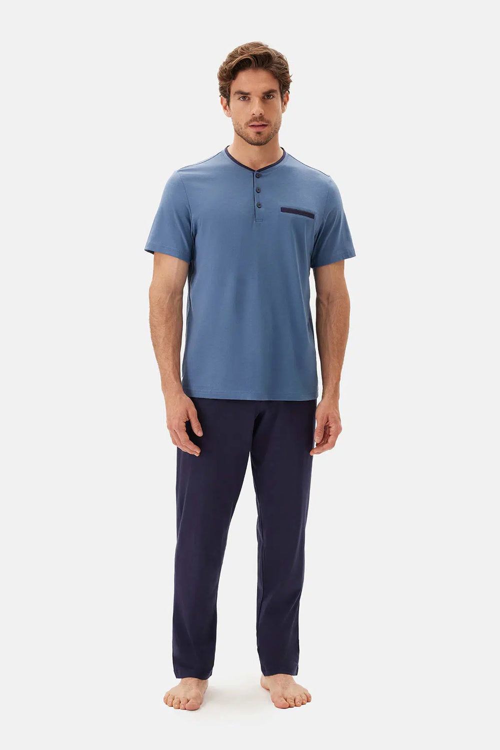 Açık Mavi Kısa Kollu Patlı Tişört Pantolon Pijama Takımı