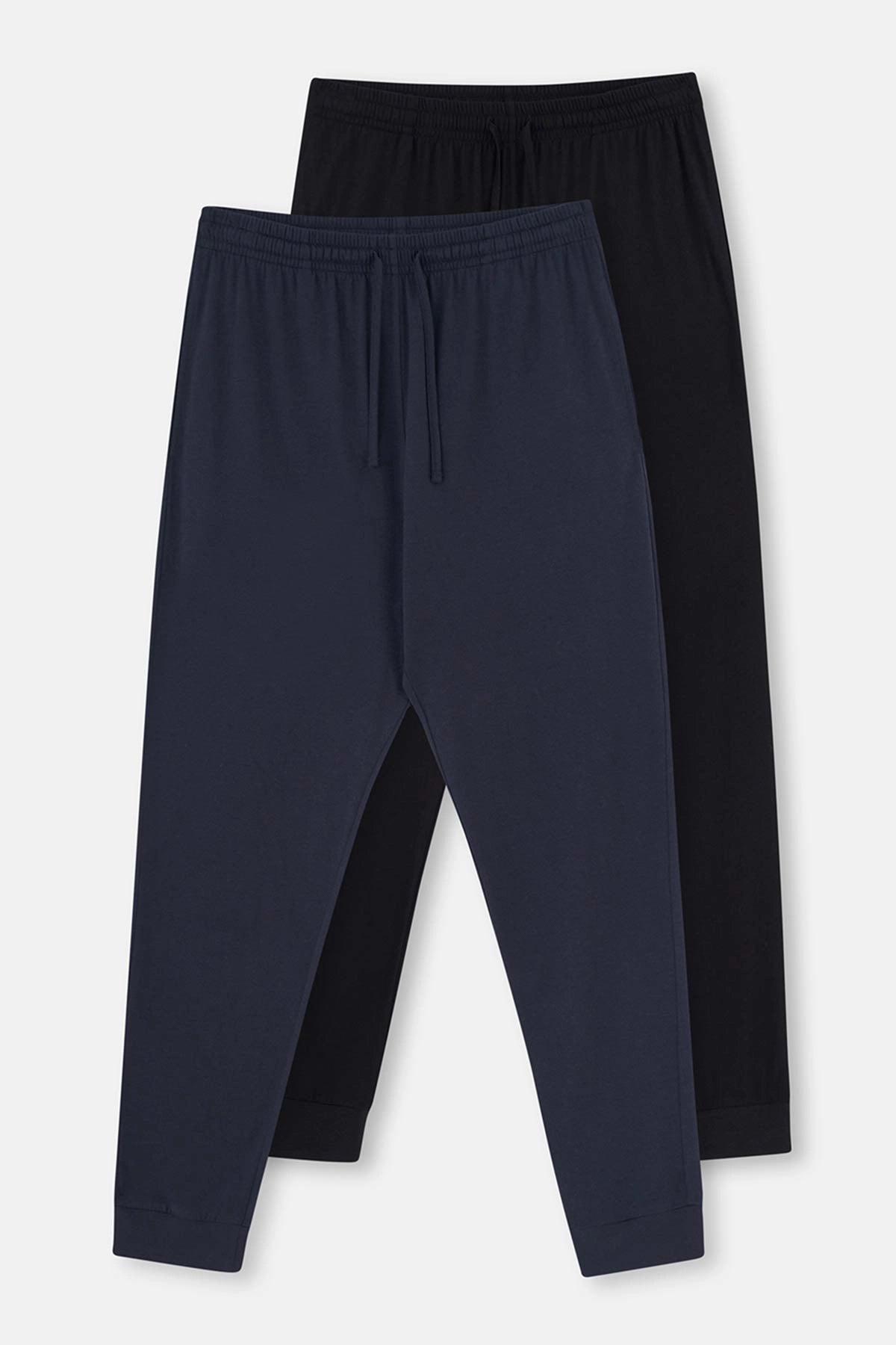 Lacivert-Siyah Pamuk Modal Örme Ikili Jogger Paça Pantolon