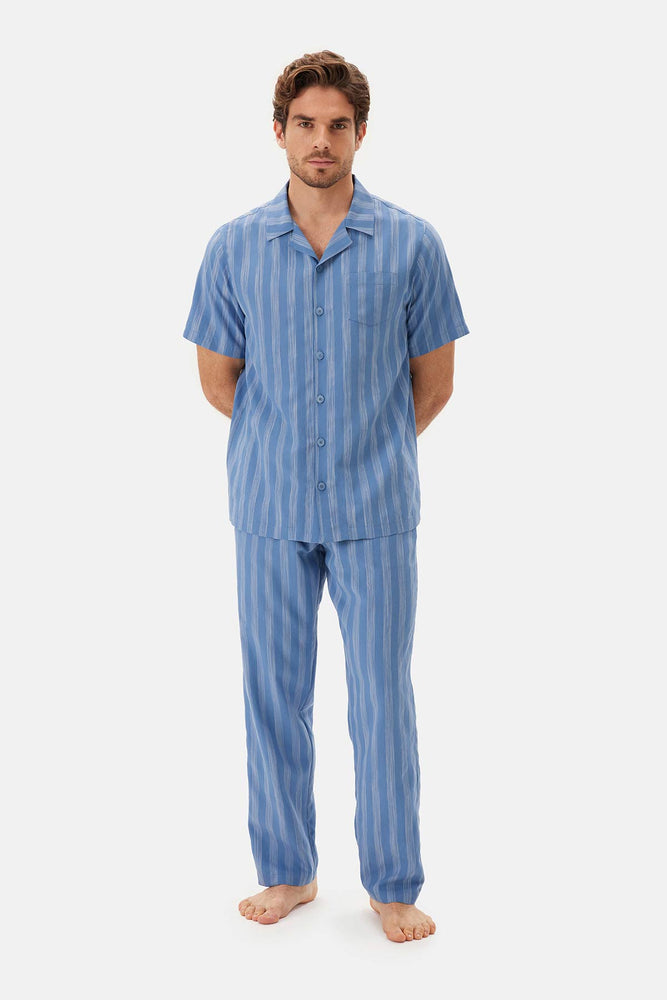 Mavi Çizgili Dokuma Gömlek Pijama Üstü