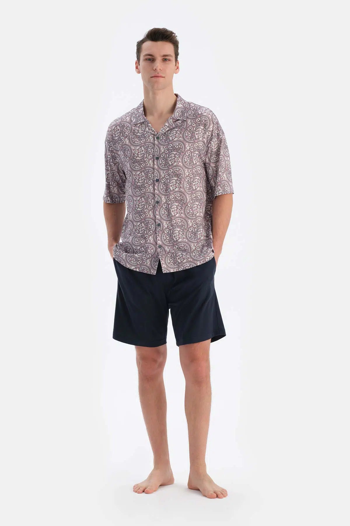 Multicolor Gömlek Yaka Kısa Kollu Desenli Modal Pijama Takımı