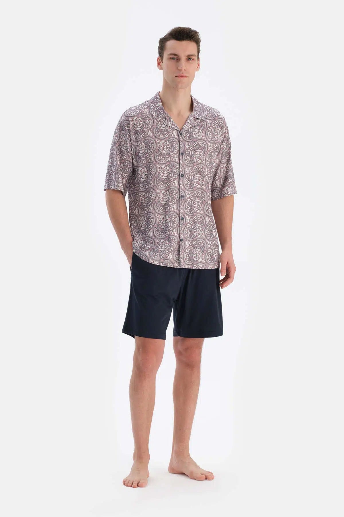 Multicolor Gömlek Yaka Kısa Kollu Desenli Modal Pijama Takımı