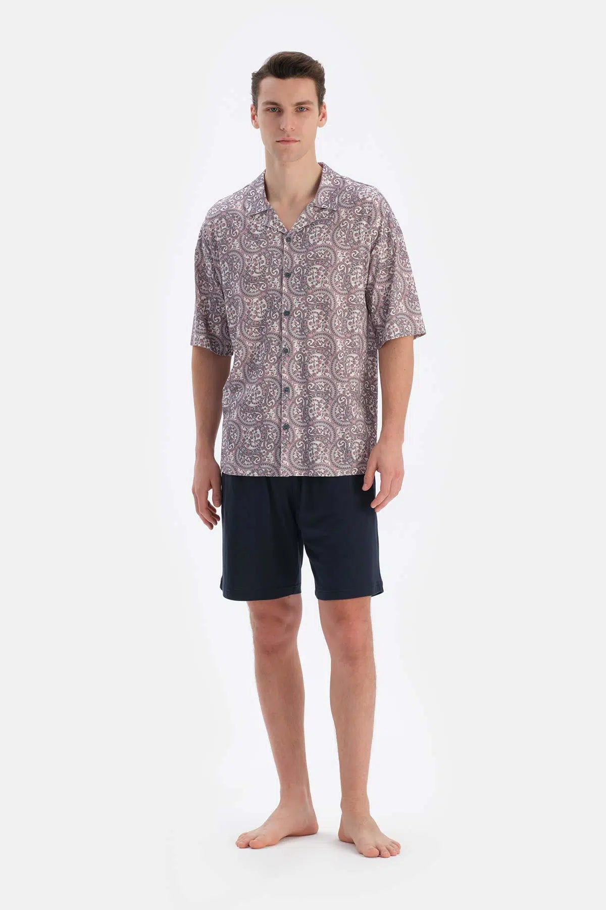 Multicolor Gömlek Yaka Kısa Kollu Desenli Modal Pijama Takımı