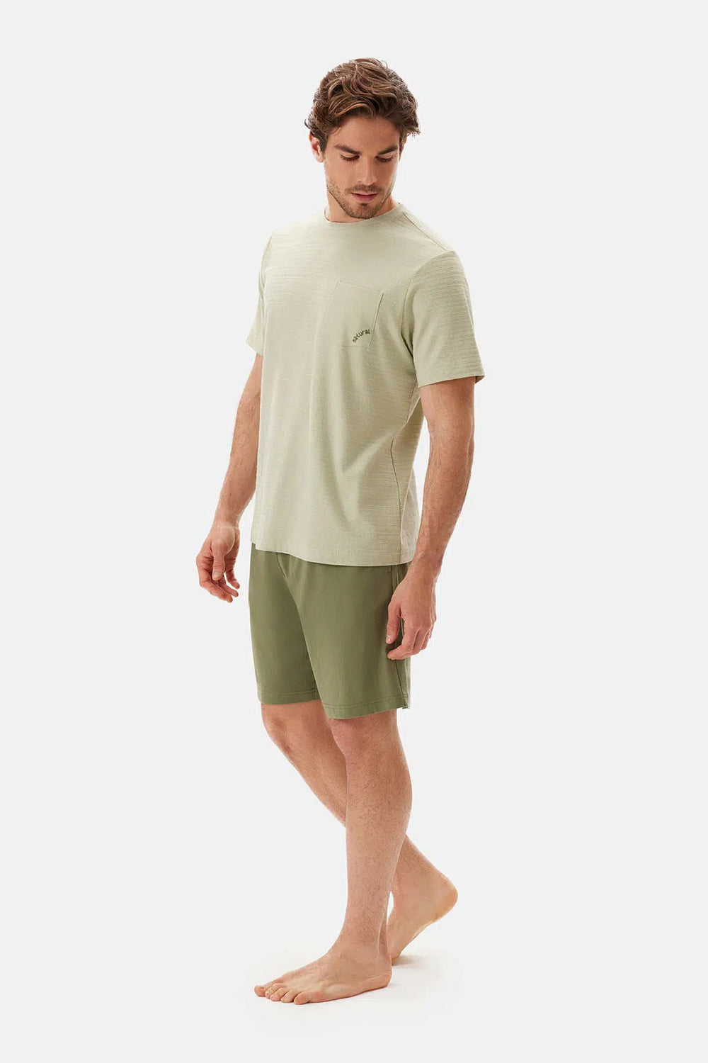 Açık Yeşil Bis Yaka Tişört Şort Pijama Takımı