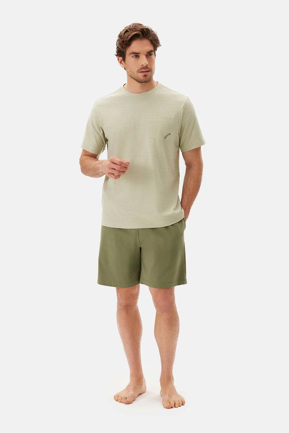 Açık Yeşil Bis Yaka Tişört Şort Pijama Takımı