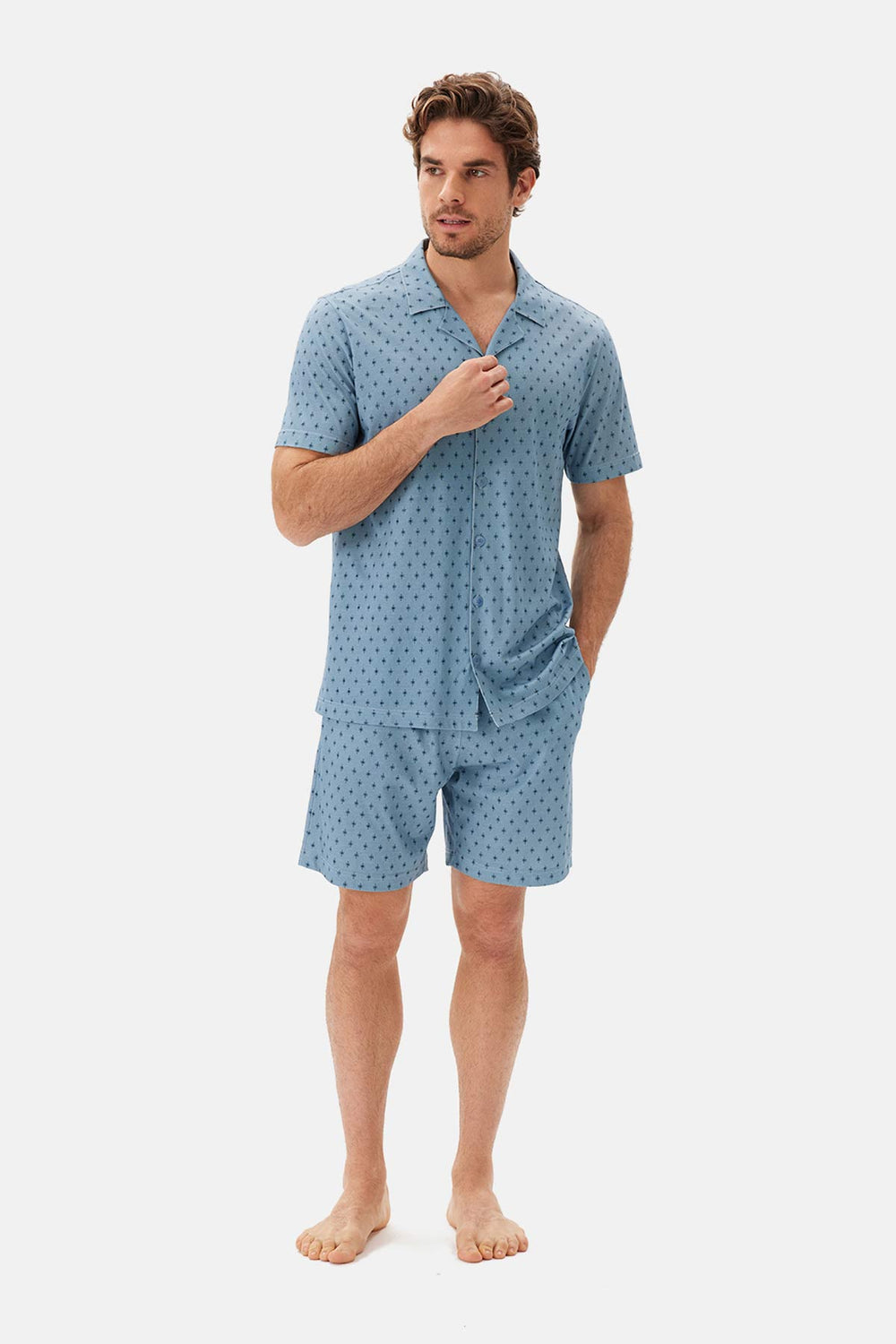 Mavi Desenli Gömlek Yaka Modal Şortlu Pijama Takımı