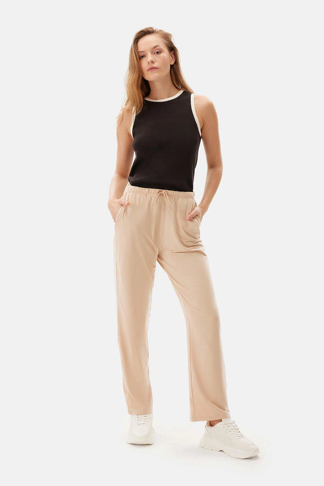 Bej Düz Paça Örme Tek Alt