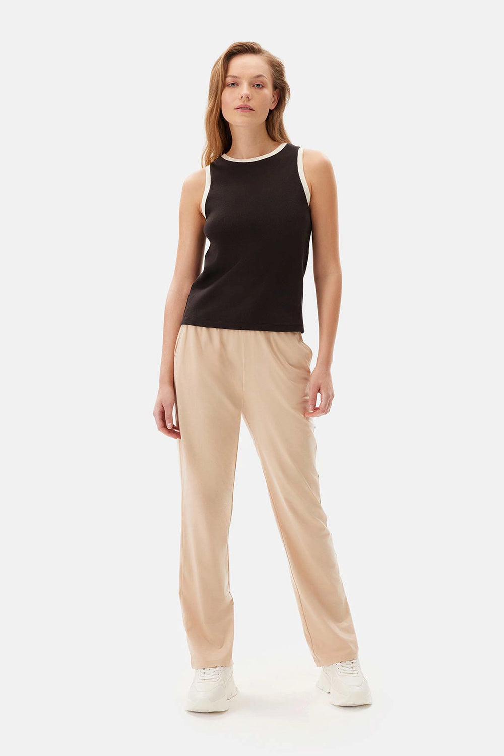 Bej Düz Paça Örme Tek Alt