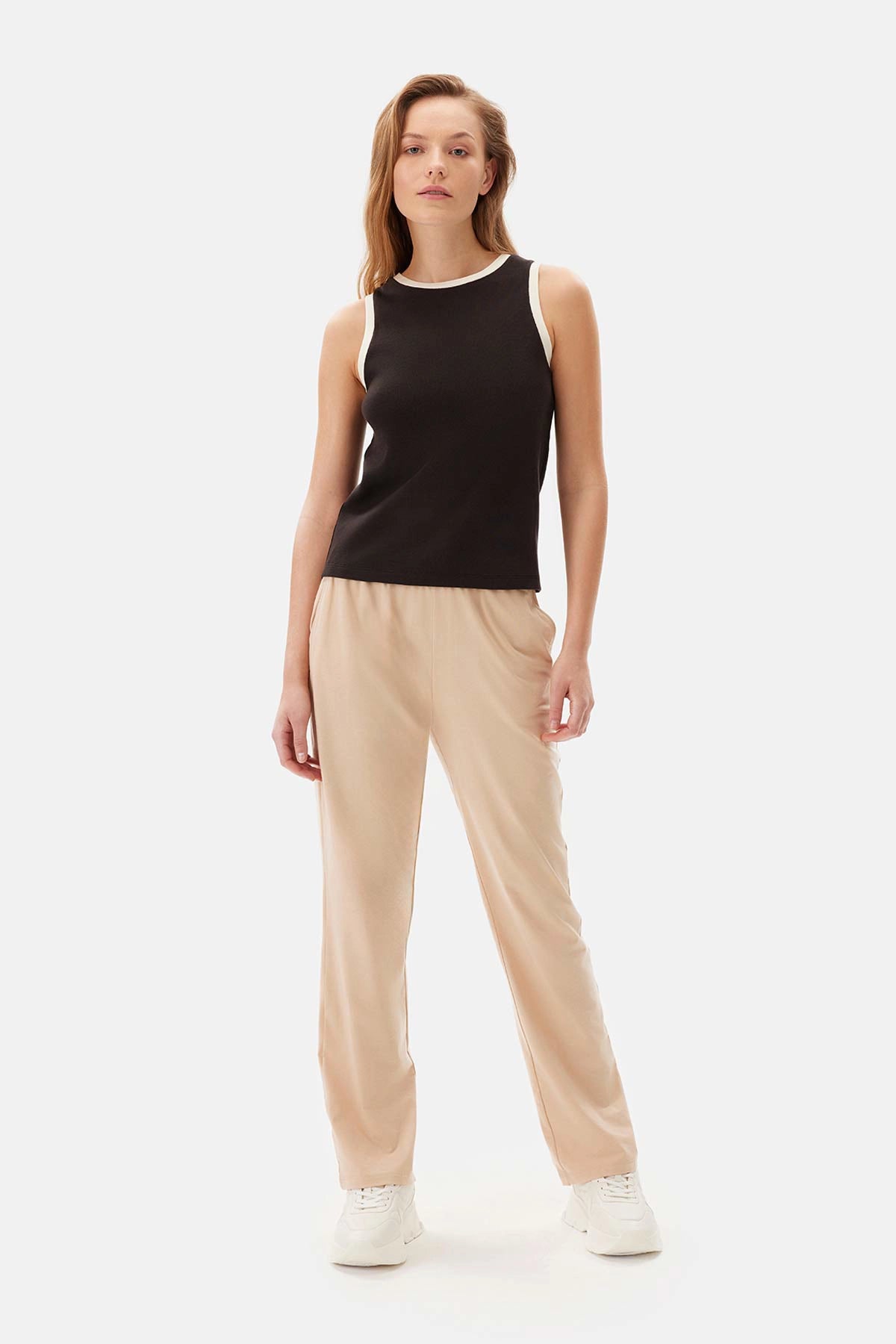 Bej Düz Paça Örme Tek Alt