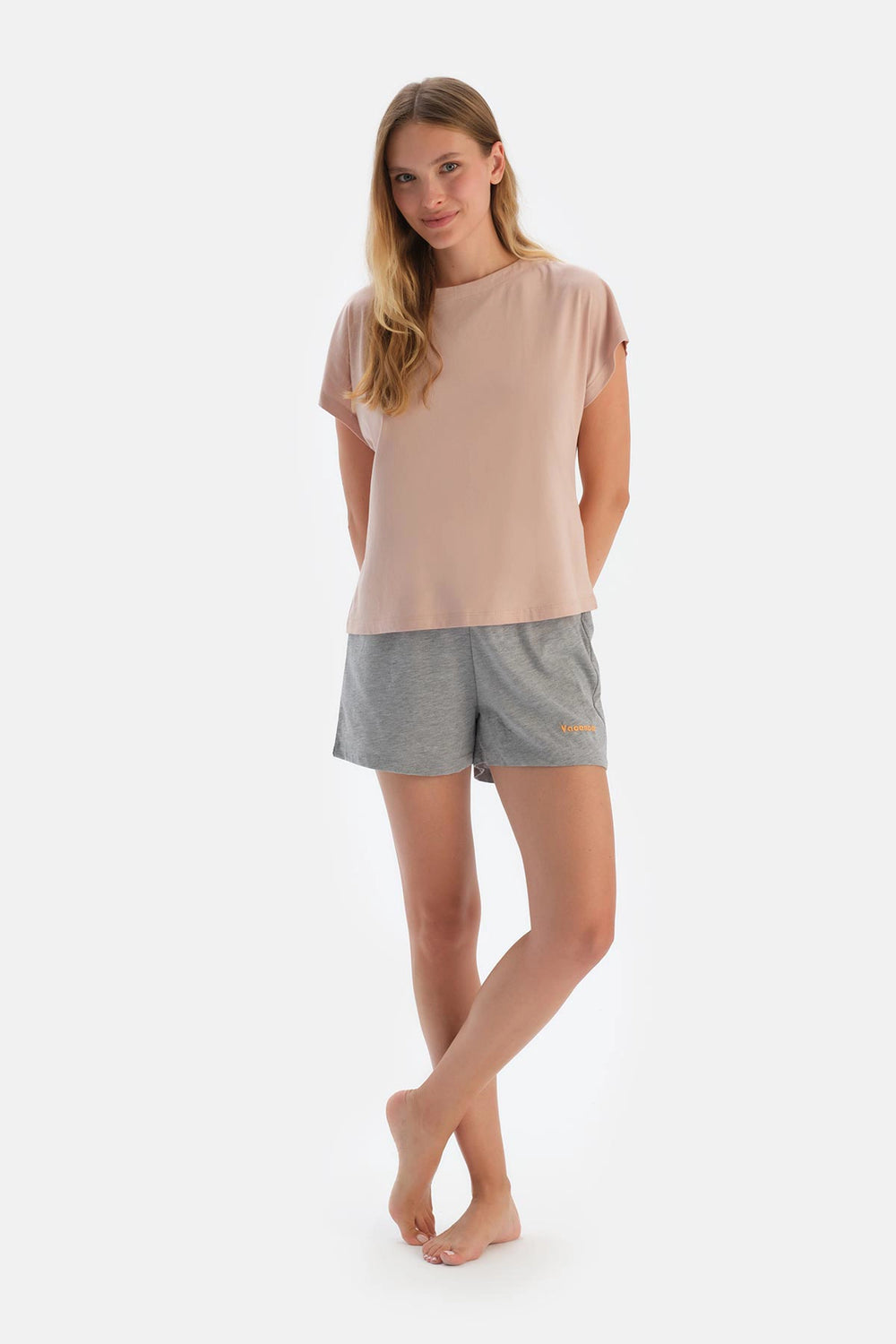 Gri Melanj-Lacivert Baskı Detaylı 2'li Şort Pijama Altı