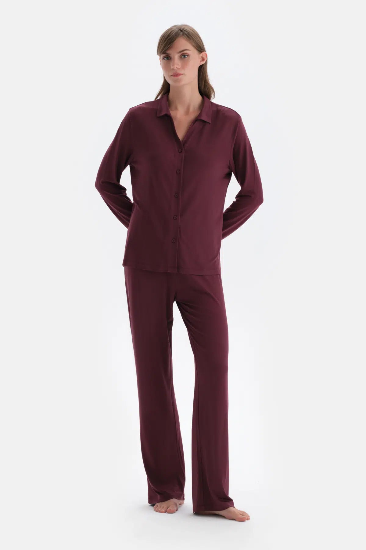 Bordo Basic Gömlek Yaka Modal Pijama Takımı