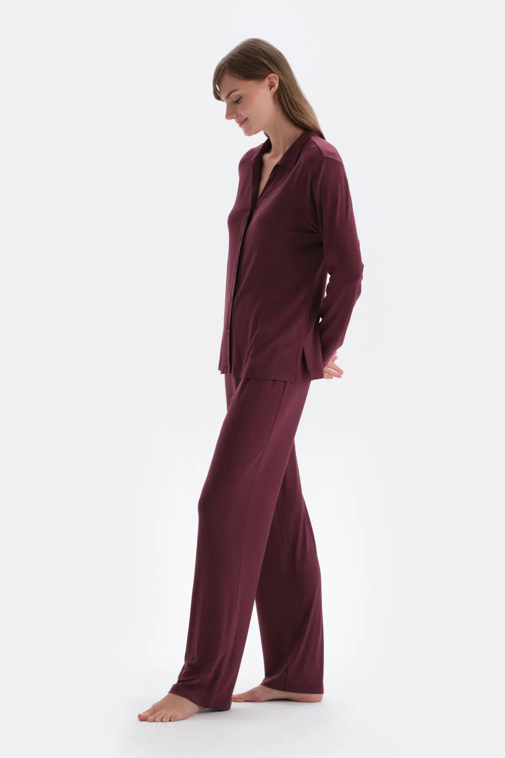 Bordo Basic Gömlek Yaka Modal Pijama Takımı
