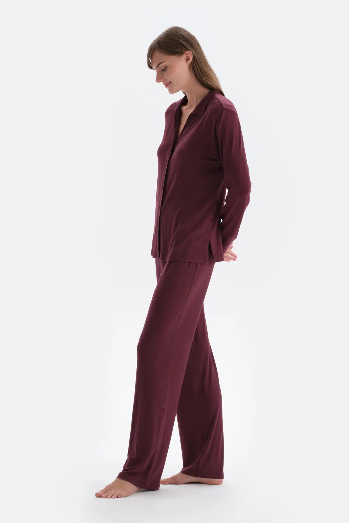 Bordo Basic Gömlek Yaka Modal Pijama Takımı