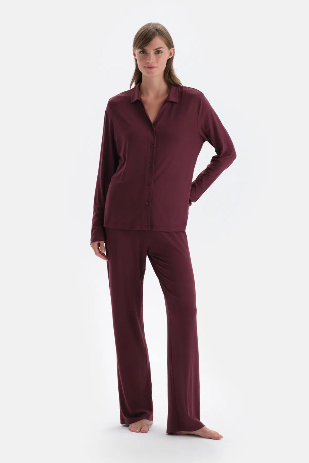 Bordo Basic Gömlek Yaka Modal Pijama Takımı