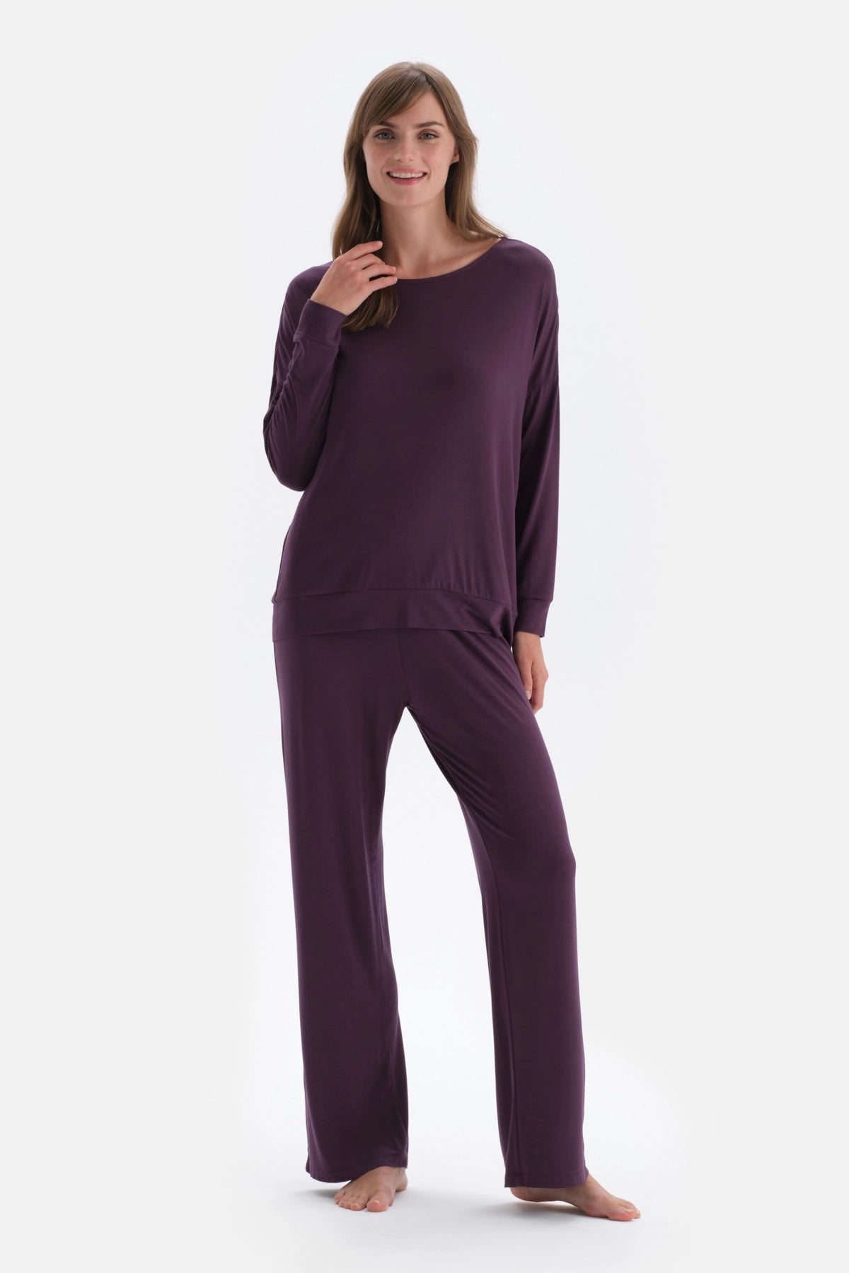 Mor Kayık Yaka Uzun Kollu Penye Modal Örme Pijama Takımı