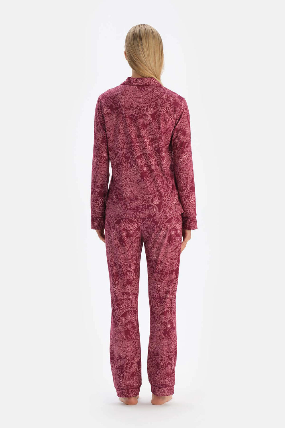 Bordo Şal Desenli Pamuk Modal Gömlek Pantolon Pijama Takımı