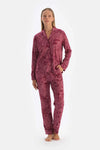 Bordo Şal Desenli Pamuk Modal Gömlek Pantolon Pijama Takımı