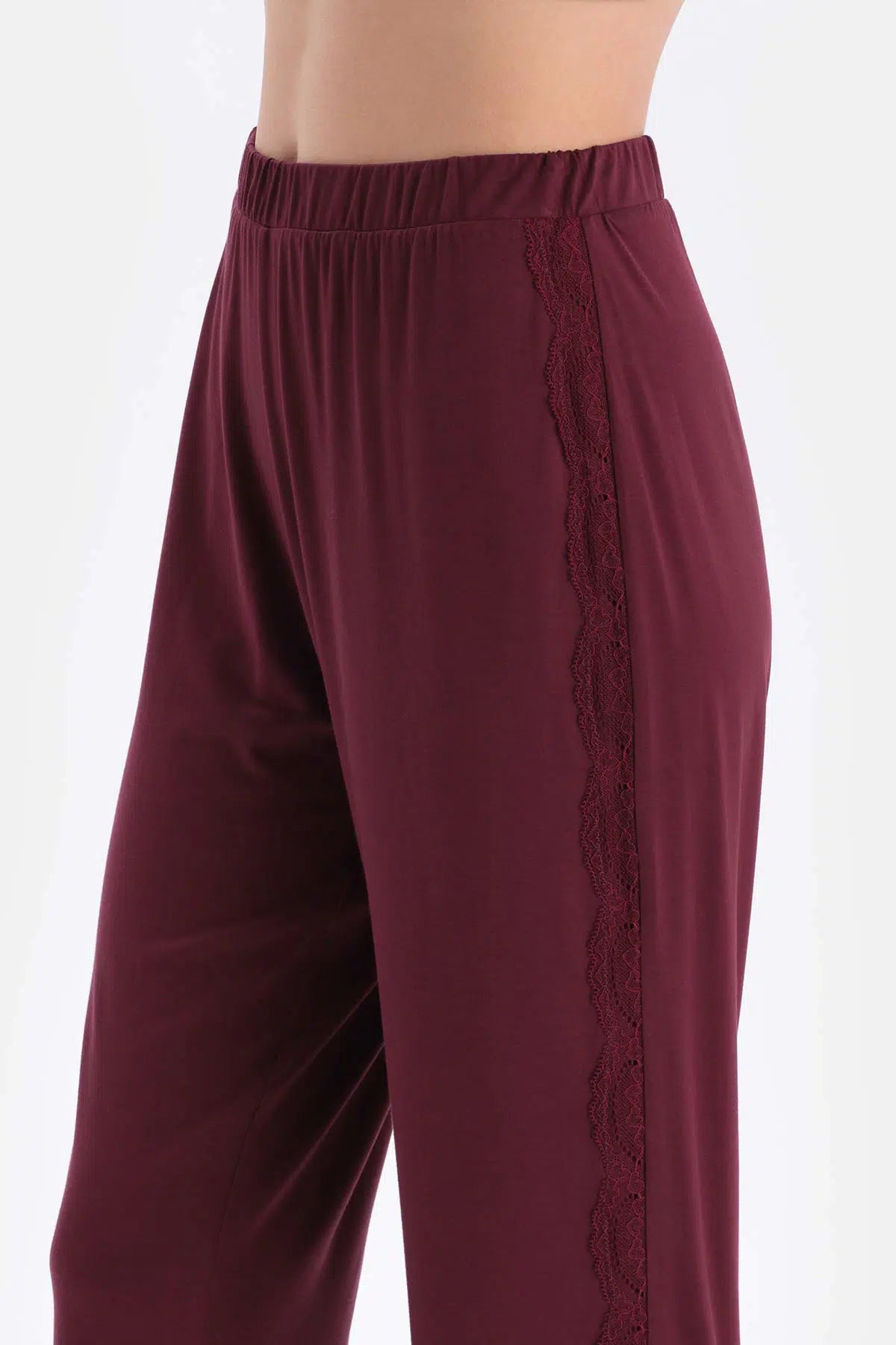 Bordo Dantel Garnili Viskon Tişört Pantolon Pijama Takımı