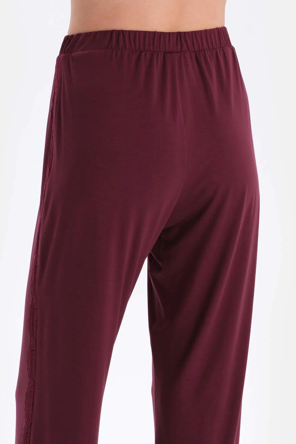 Bordo Dantel Garnili Viskon Tişört Pantolon Pijama Takımı