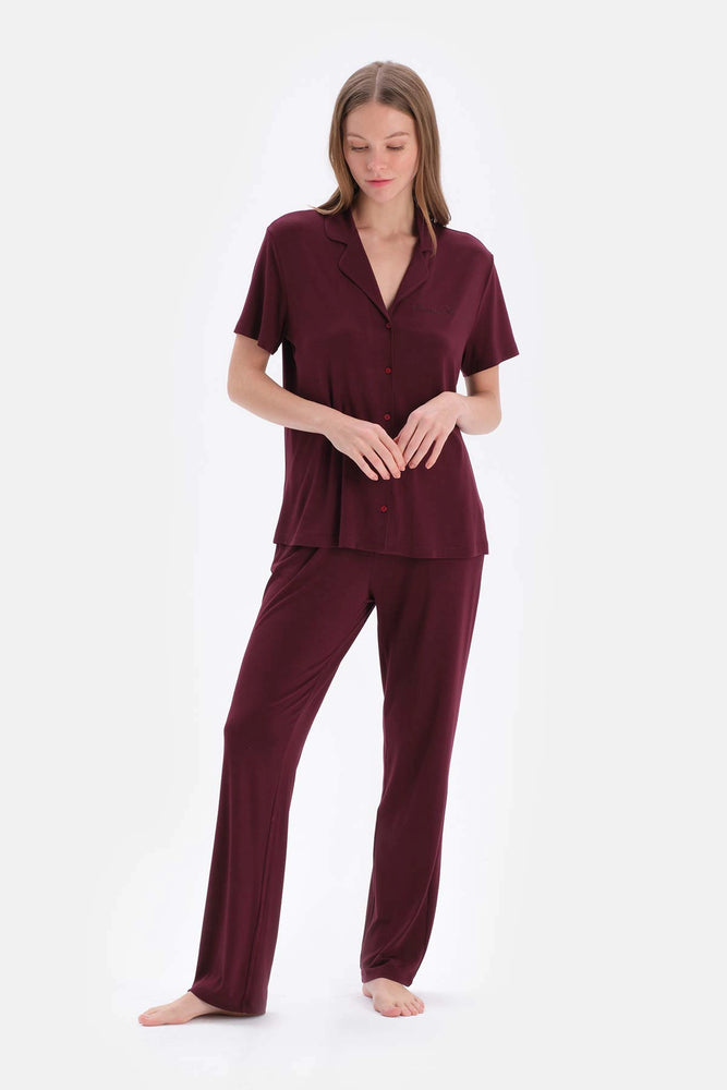 Bordo Viskon Gömlek Pantolon Pijama Takımı