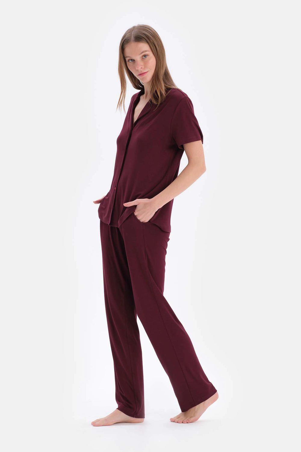 Bordo Viskon Gömlek Pantolon Pijama Takımı