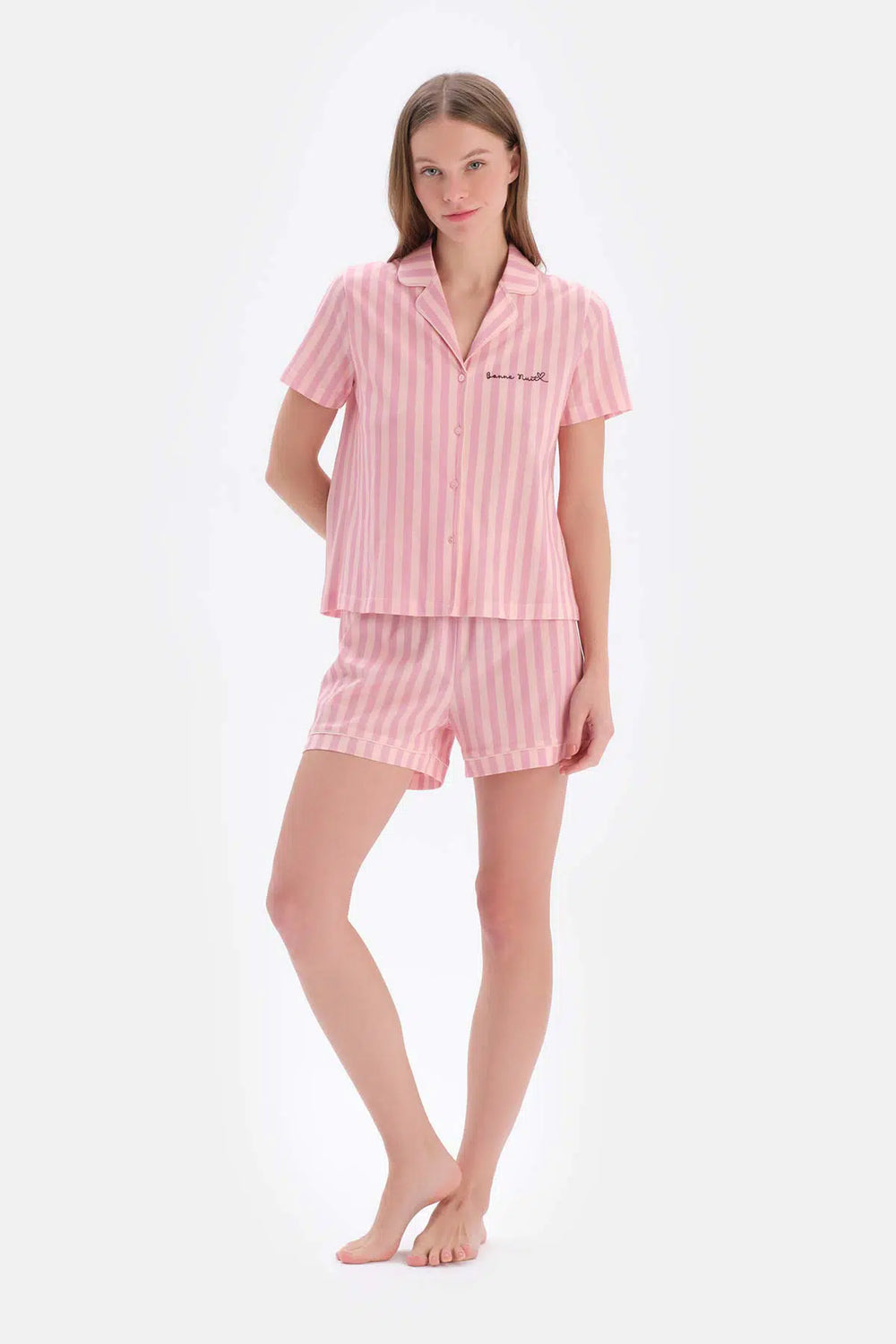 Açık Pembe Çizgili Modal Şortlu Pijama Takımı