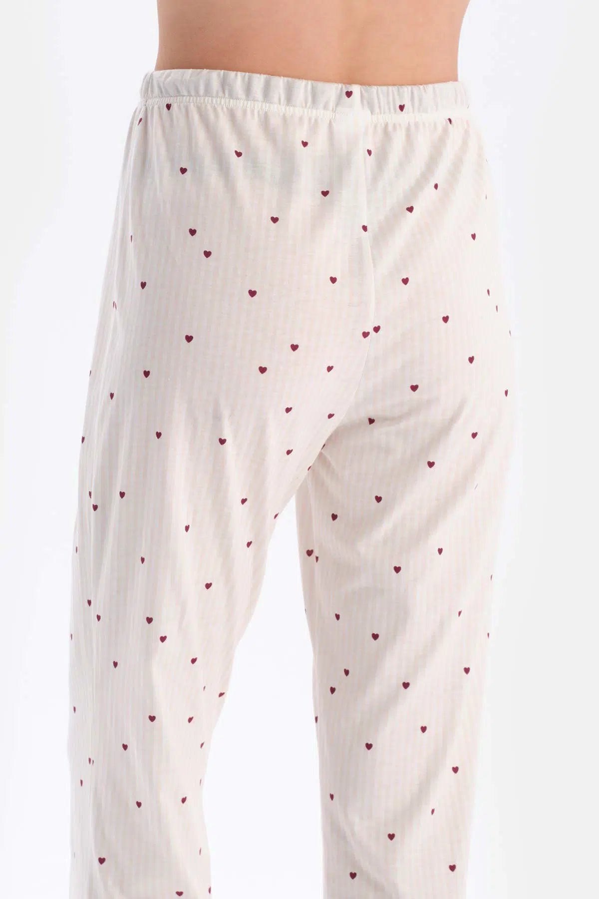 Ekru Minik Kalp Baskılı Süprem Gömlek Pantolon Pijama Takımı