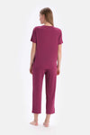 Bordo Kısa Kollu V Yaka Basıc Viskon Tişört Pantolon Pijama Takımı