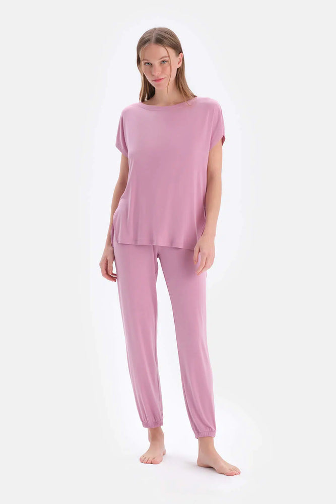 Lila Bisiklet Yaka Kısa Kollu Tişört Jogger Alt Pijama Takımı