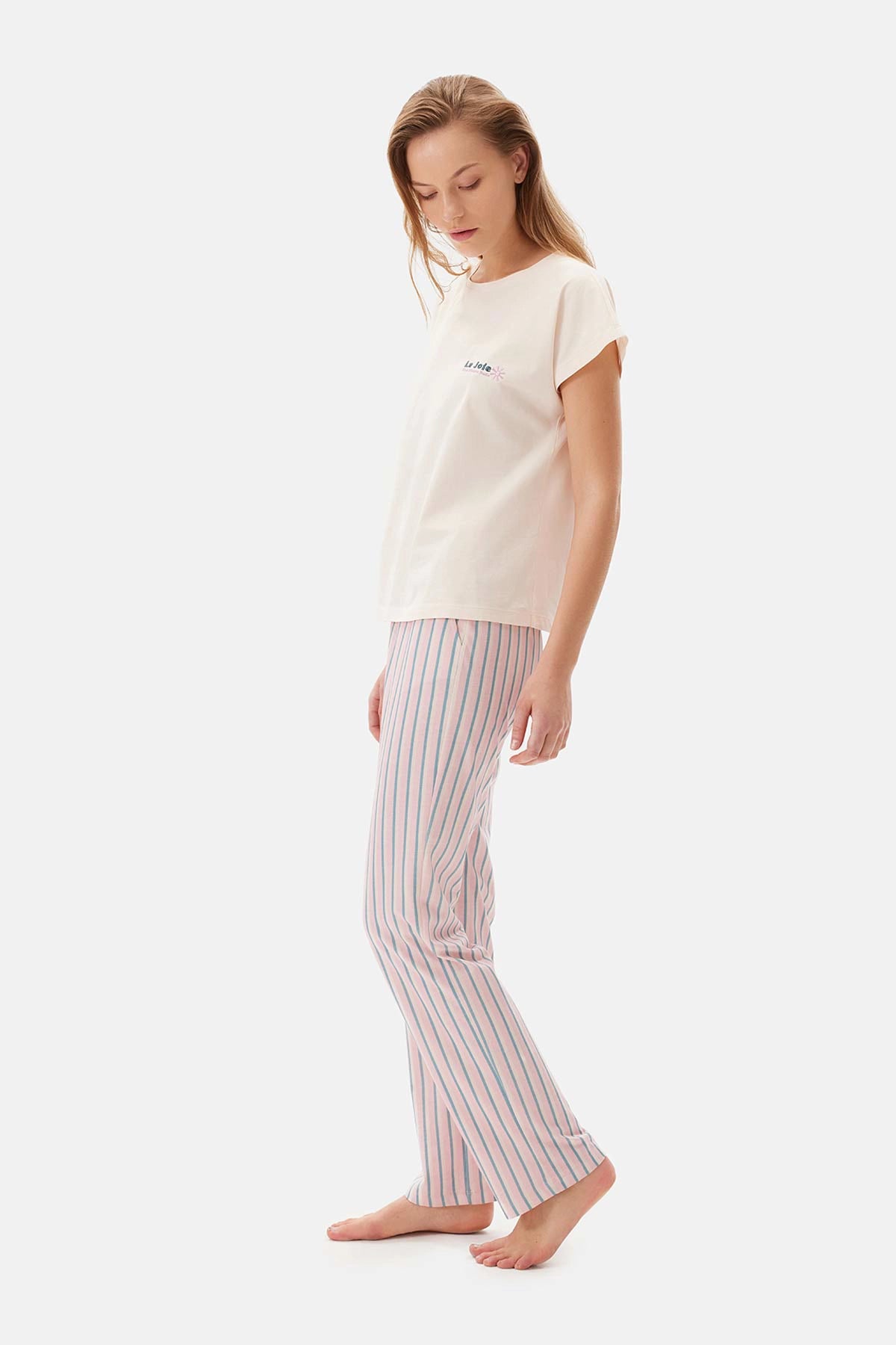 Ekru Bisiklet Yaka Çizgili Pamuklu Pijama Takımı