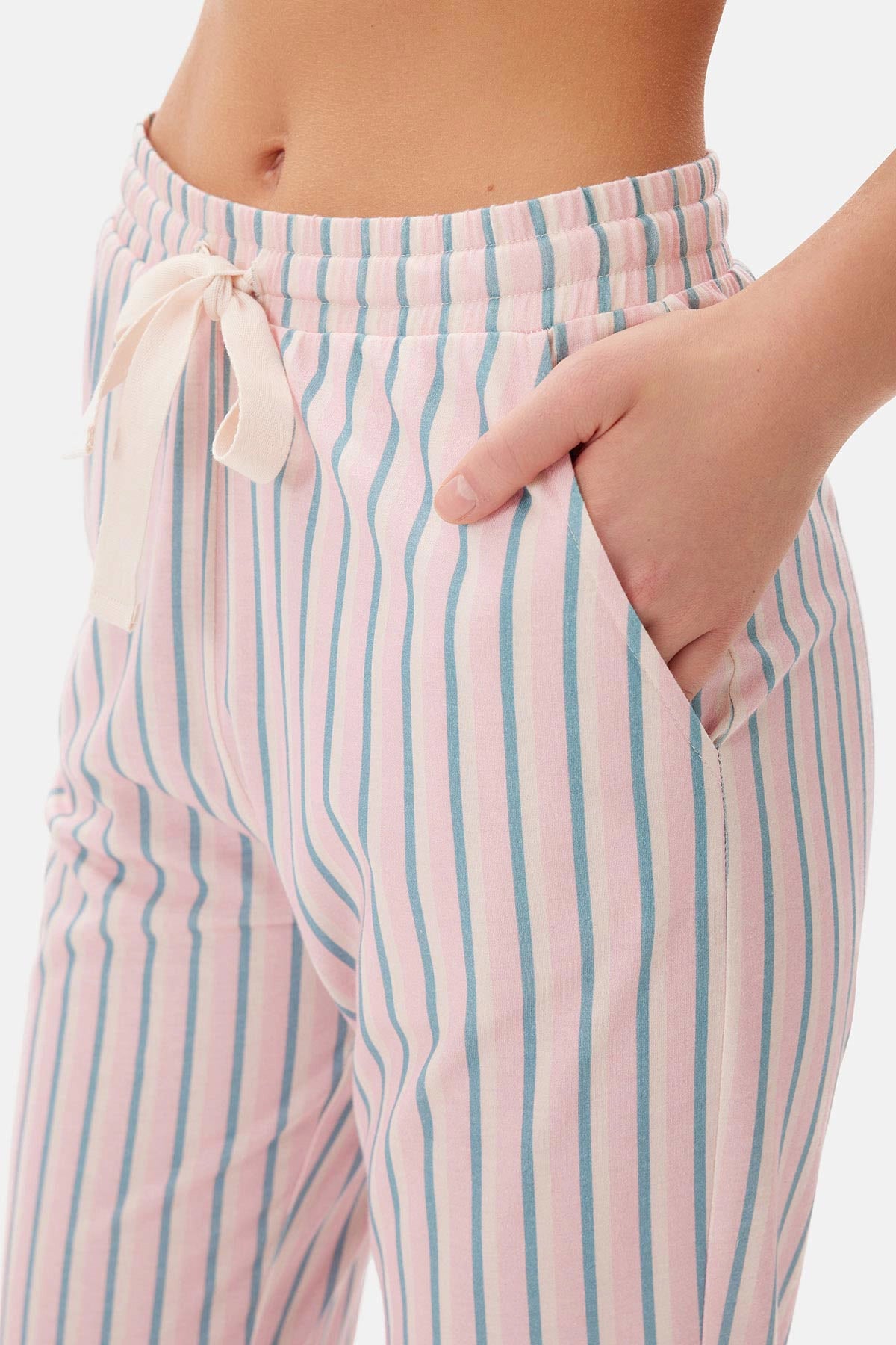 Ekru Bisiklet Yaka Çizgili Pamuklu Pijama Takımı