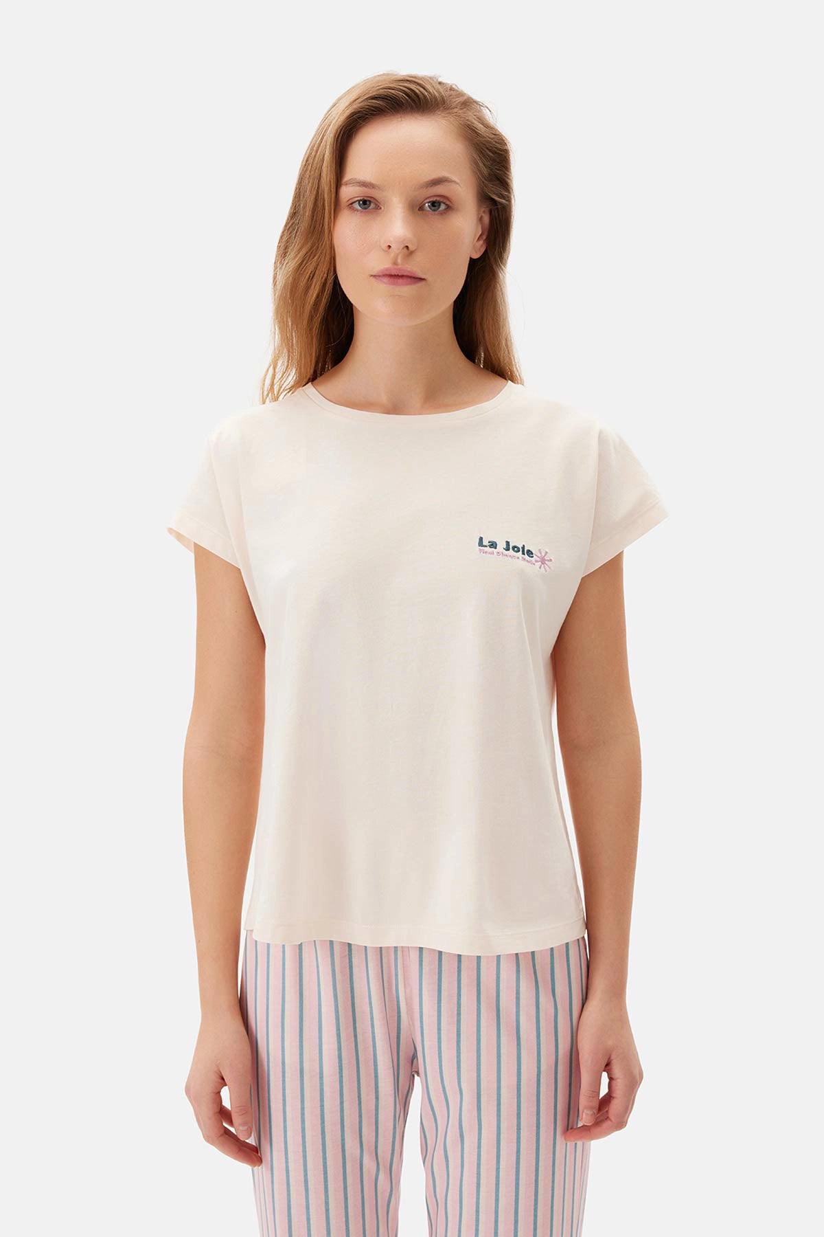 Ekru Bisiklet Yaka Çizgili Pamuklu Pijama Takımı