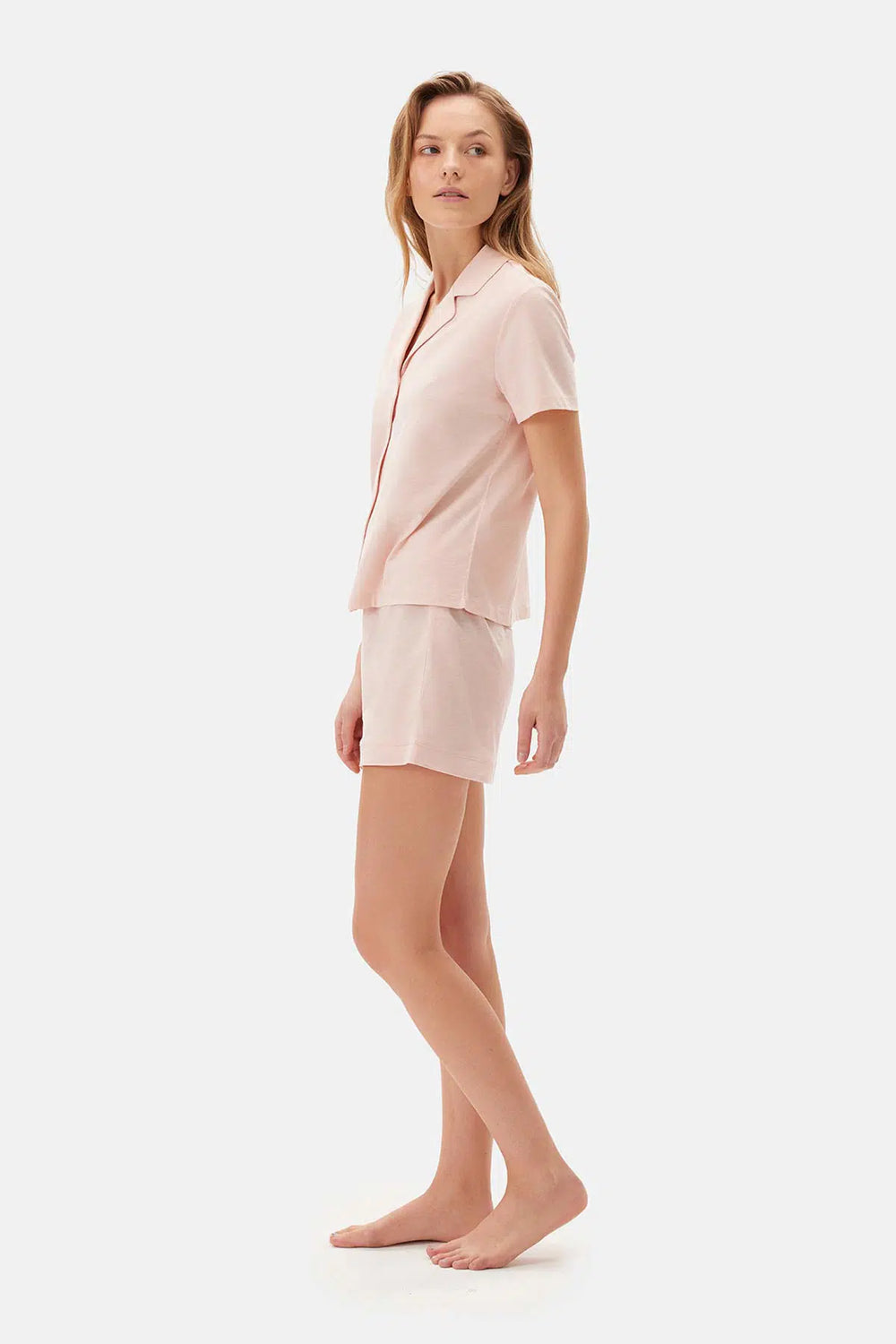 Açık Pembe Kısa Kol Gömlek Yaka Şortlu Pijama Takımı