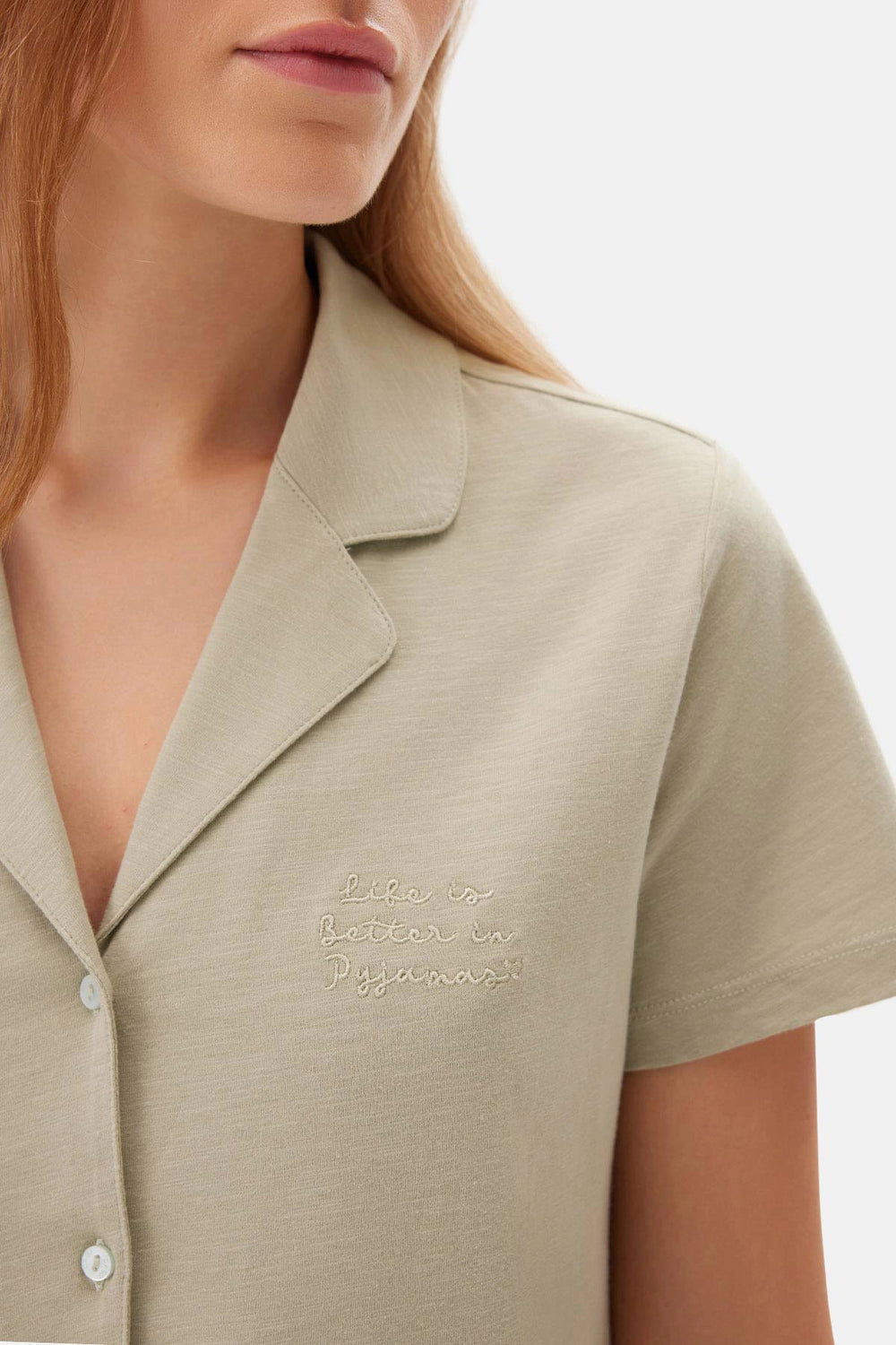 Açık Yeşil Kısa Kol Gömlek Yaka Şortlu Pijama Takımı