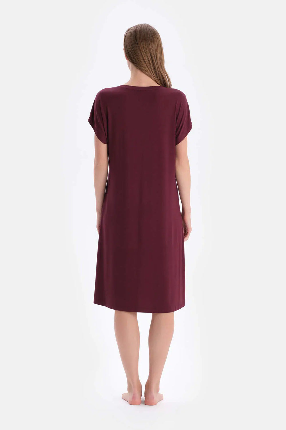 Bordo Dantel Garnili Bisiklet Yaka Kısa Kollu Viskon Gecelik