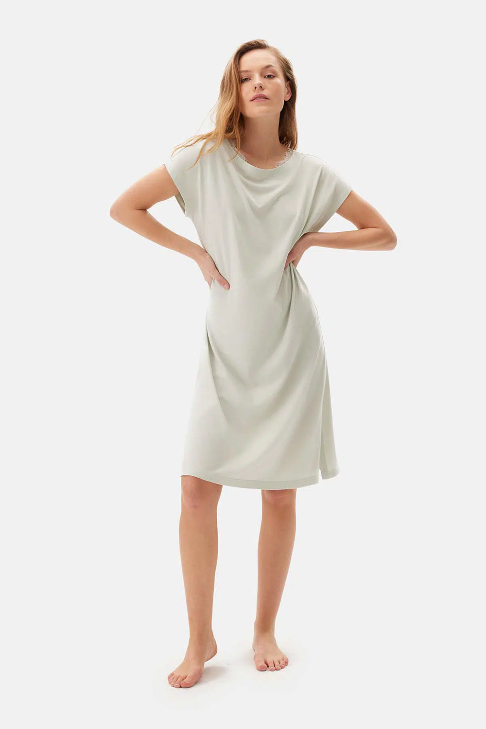 Su Yeşili Su i Dantel Detaylı Örme Gecelik