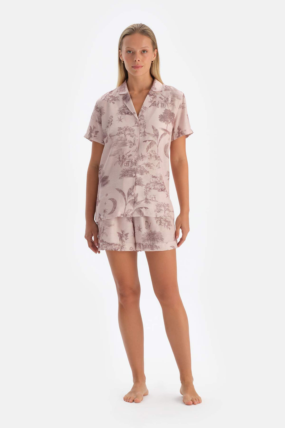 Açık Pembe Desenli Dokuma Şort Pijama Altı