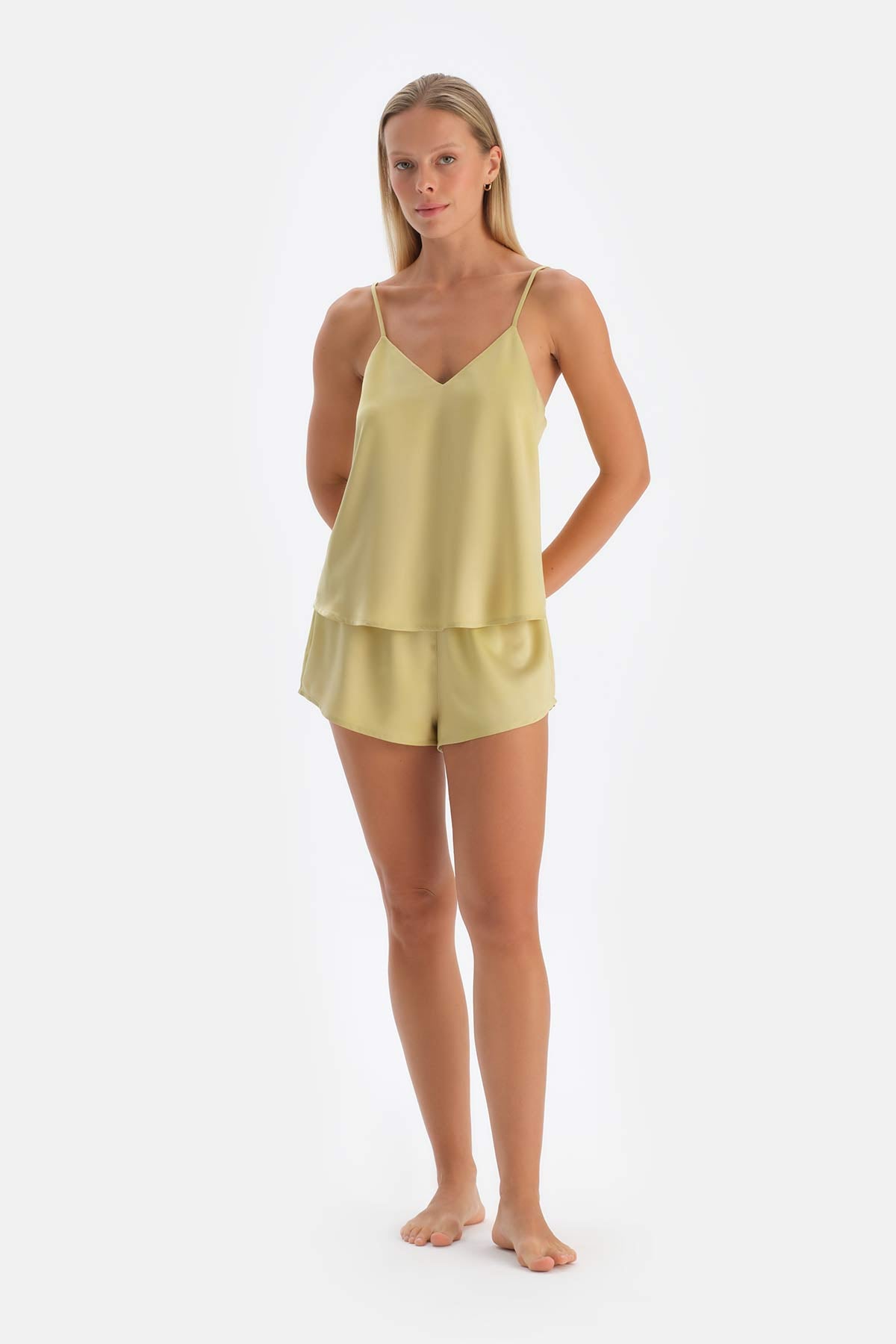 Yağ Yeşili Saten Şort Pijama Altı