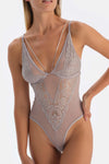 Açık Gri Dantel ve Zincir Detaylı Bodysuıt