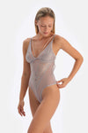 Açık Gri Dantel ve Zincir Detaylı Bodysuıt