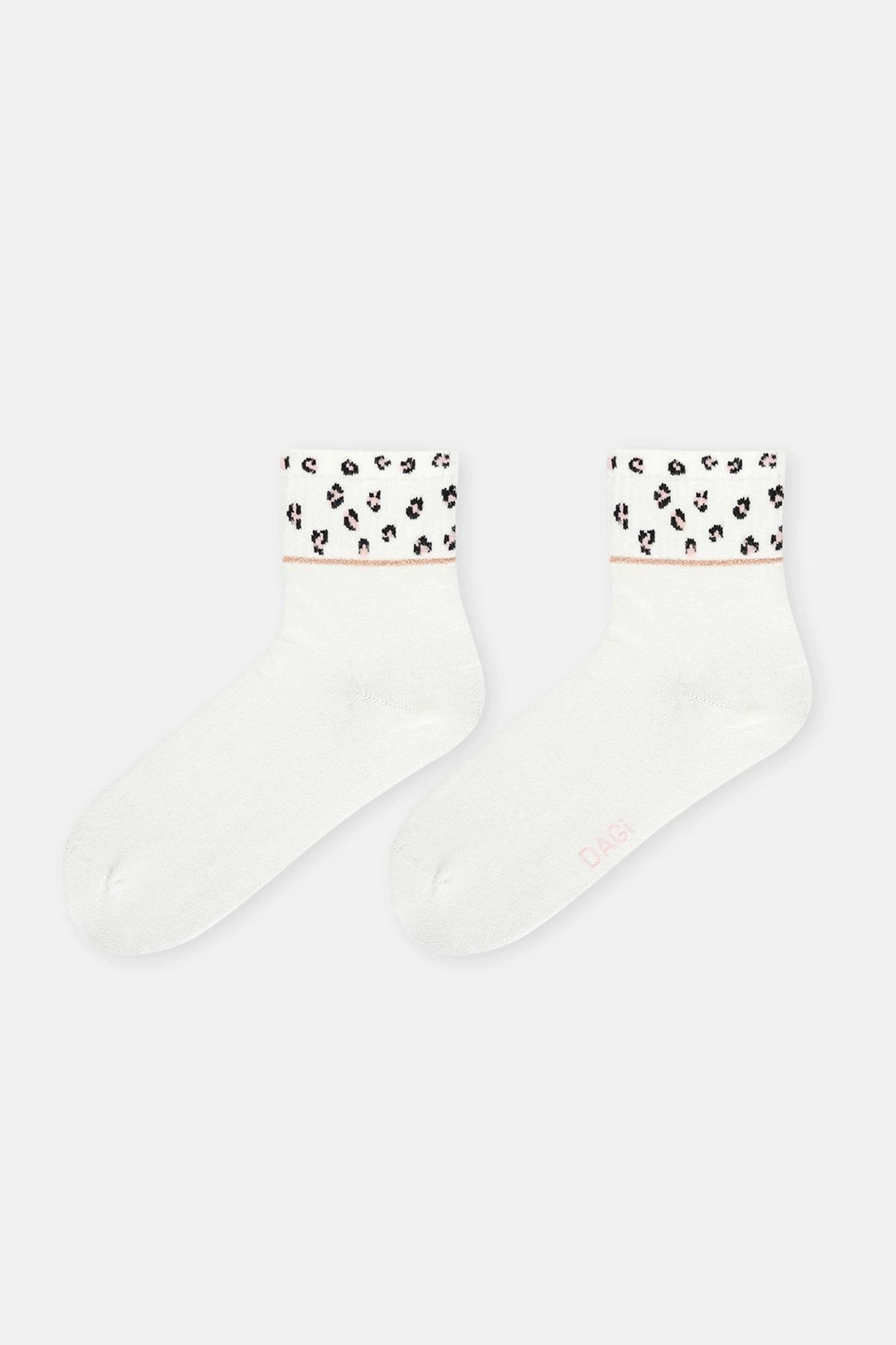 Ekru Kadın Leopar Desenli Spor Çorap