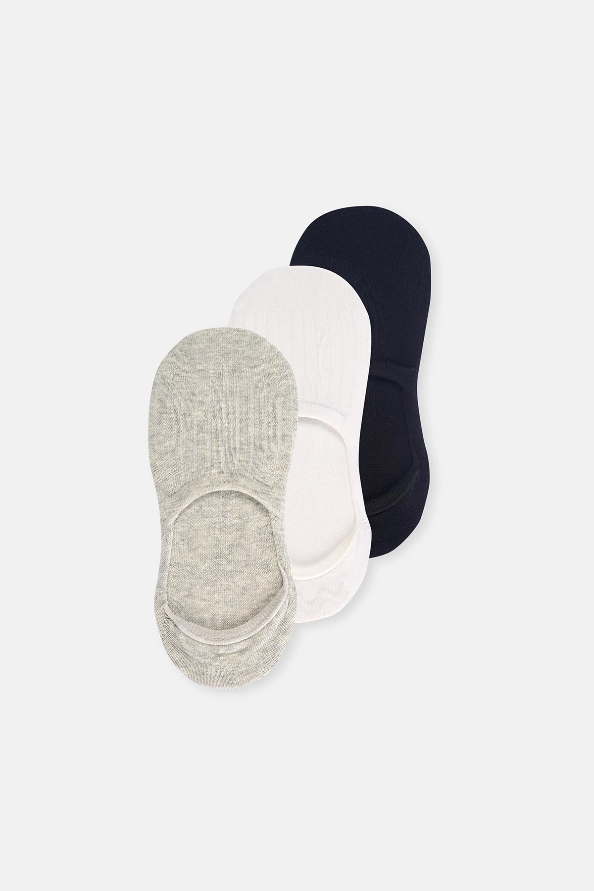 Beyaz-Gri Melanj-Siyah Kadın 3'Lü Pamuklu Rıb Dokulu Görünmez Çorap
