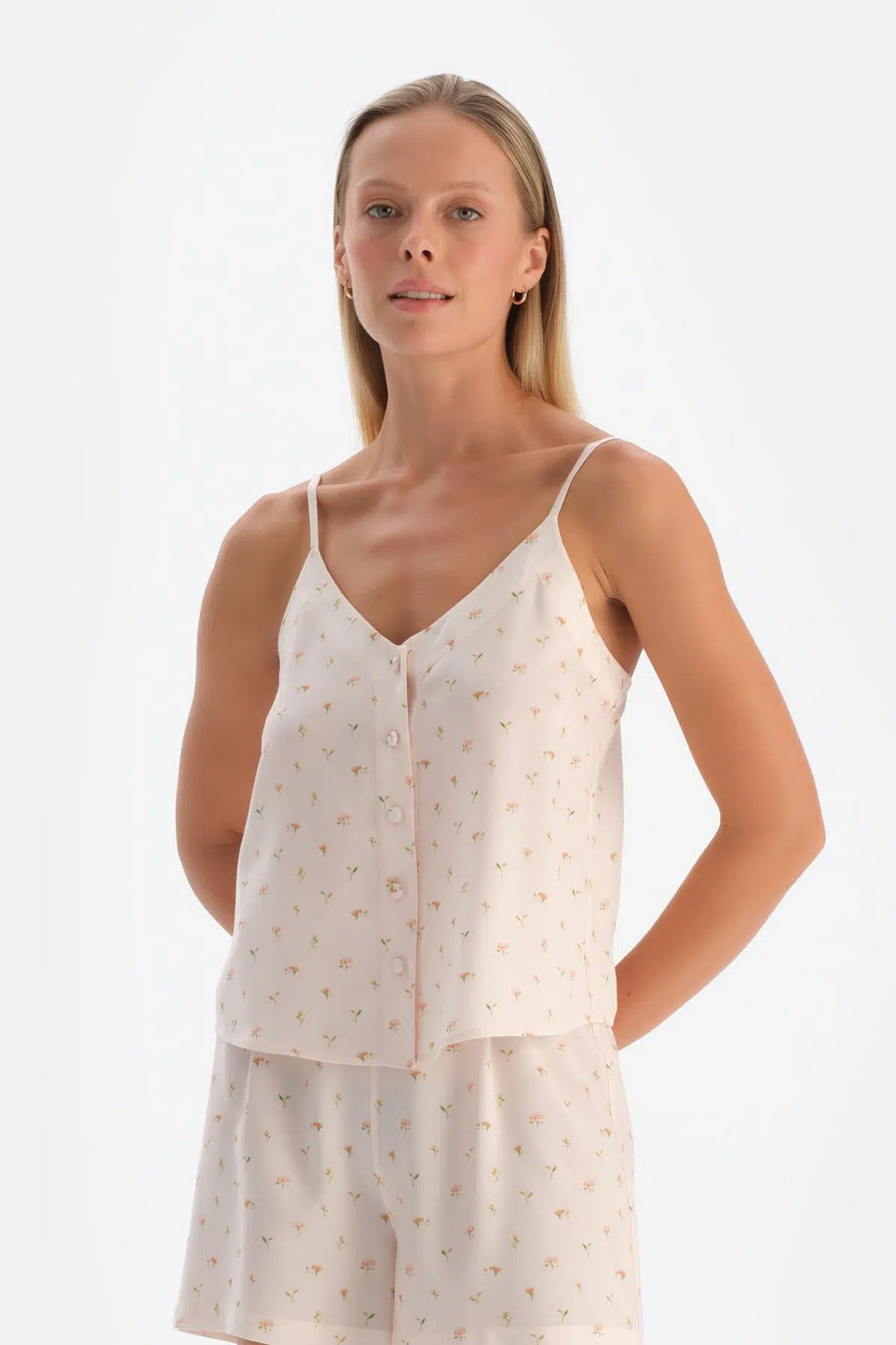 Kırık Beyaz Ince Askılı Desenli Dokuma Pijama Üstü